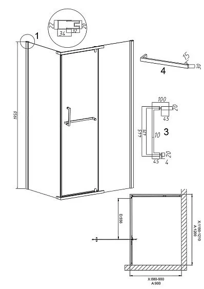 Душевое ограждение GROSSMAN 100.K33.03.120.10.02-200.K33.03.90.10.02 хром