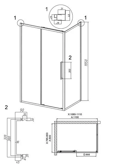 Душевое ограждение GROSSMAN 100.K33.02.110.10.00-200.K33.02.80.10.00 хром