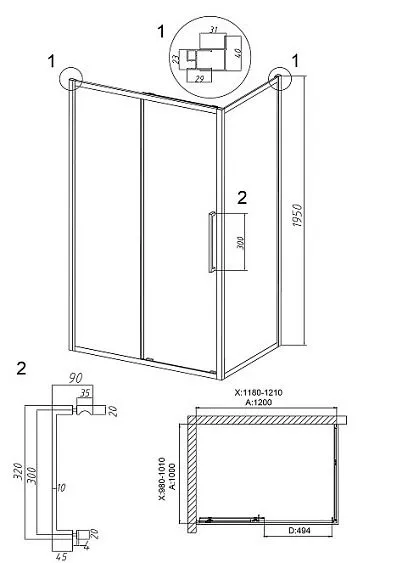 Душевое ограждение GROSSMAN 100.K33.02.120.21.02-200.K33.02.100.21.02 черный матовый