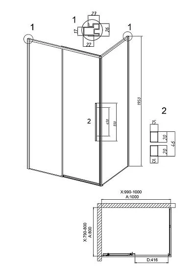 Душевое ограждение GROSSMAN 100.K33.01.100.10.00-200.K33.01.80.10.00 хром