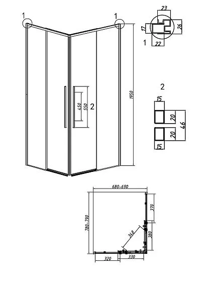 Душевое ограждение GROSSMAN 1/2.K33.01.80.21.00-1/2.K33.01.70.21.00 черный матовый