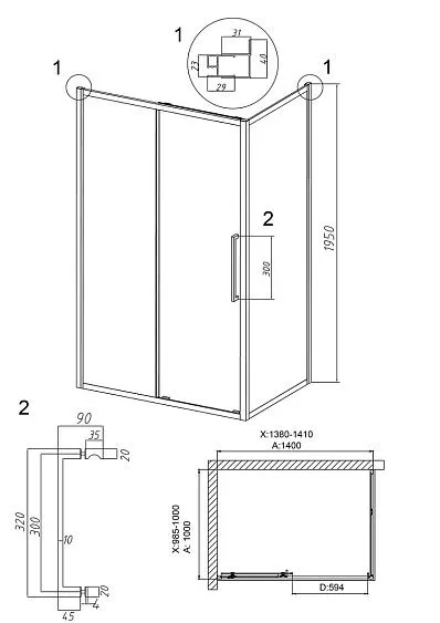 Душевое ограждение GROSSMAN 100.K33.02.140.42.00-200.K33.02.100.42.00 графит сатин
