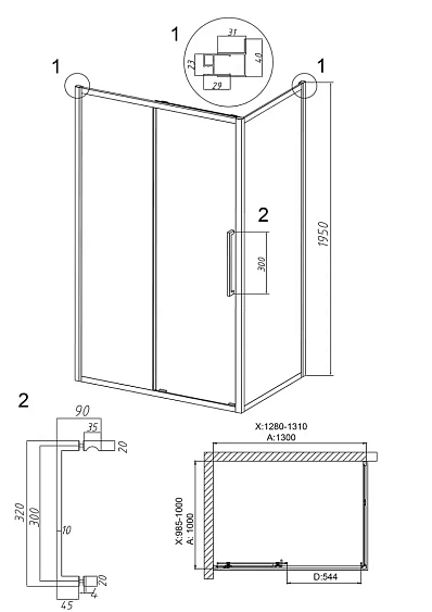 Душевое ограждение GROSSMAN 100.K33.02.130.42.00-200.K33.02.100.42.00 графит сатин