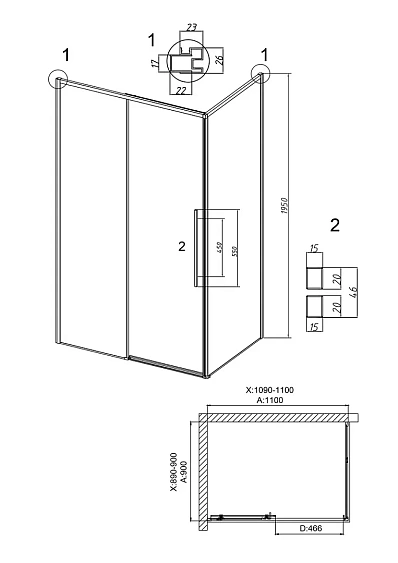 Душевое ограждение GROSSMAN 100.K33.01.110.42.10-200.K33.01.90.42.10 графит сатин