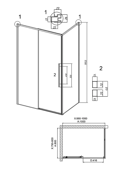 Душевое ограждение GROSSMAN 100.K33.01.100.21.00-200.K33.01.80.21.00 черный матовый